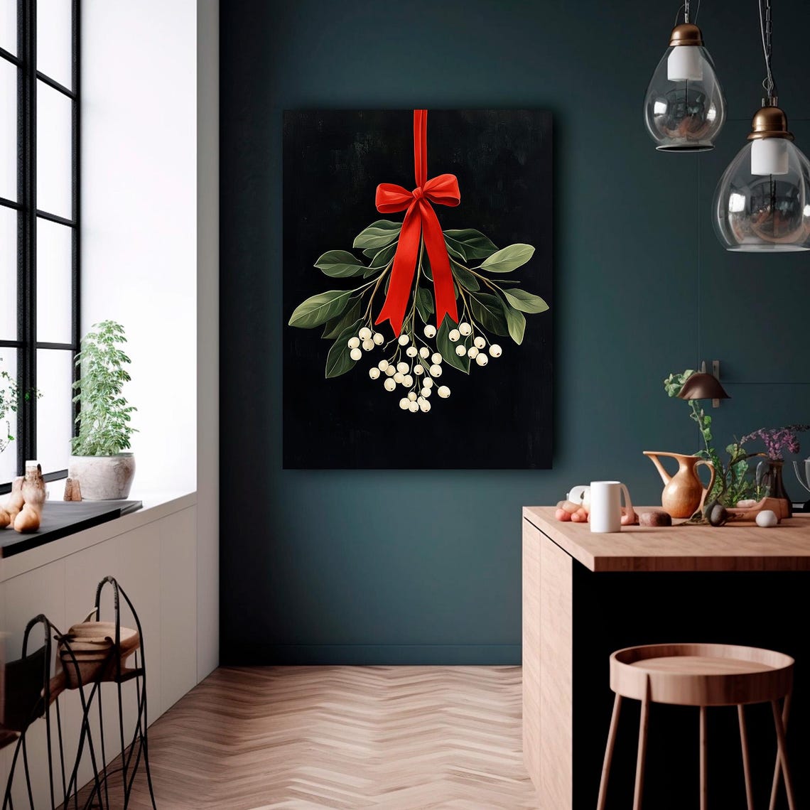 Mistletoe With Red Ribbon Bow Vintage Christmas Botanical Wall Art - Image 4