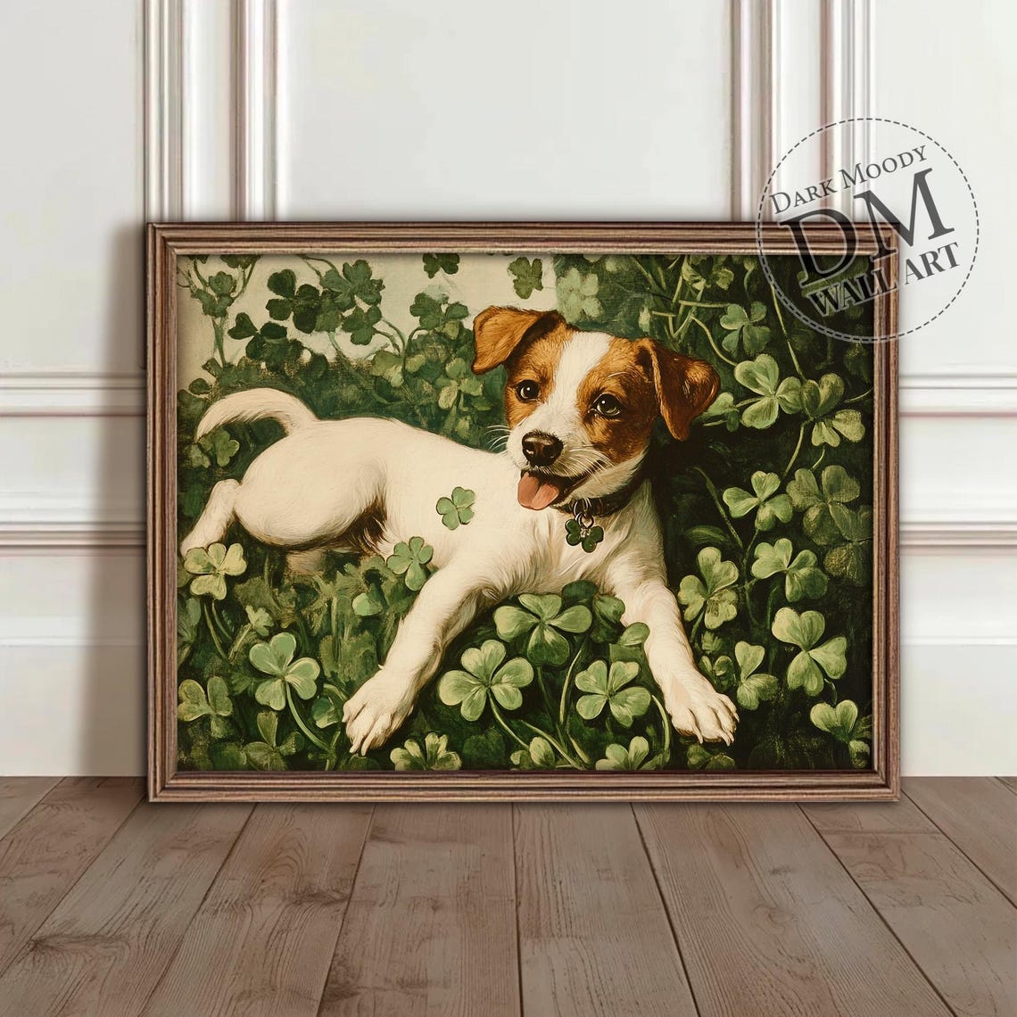 Happy Puppy in Shamrock Clover Patch St Patricks Day Dog Print