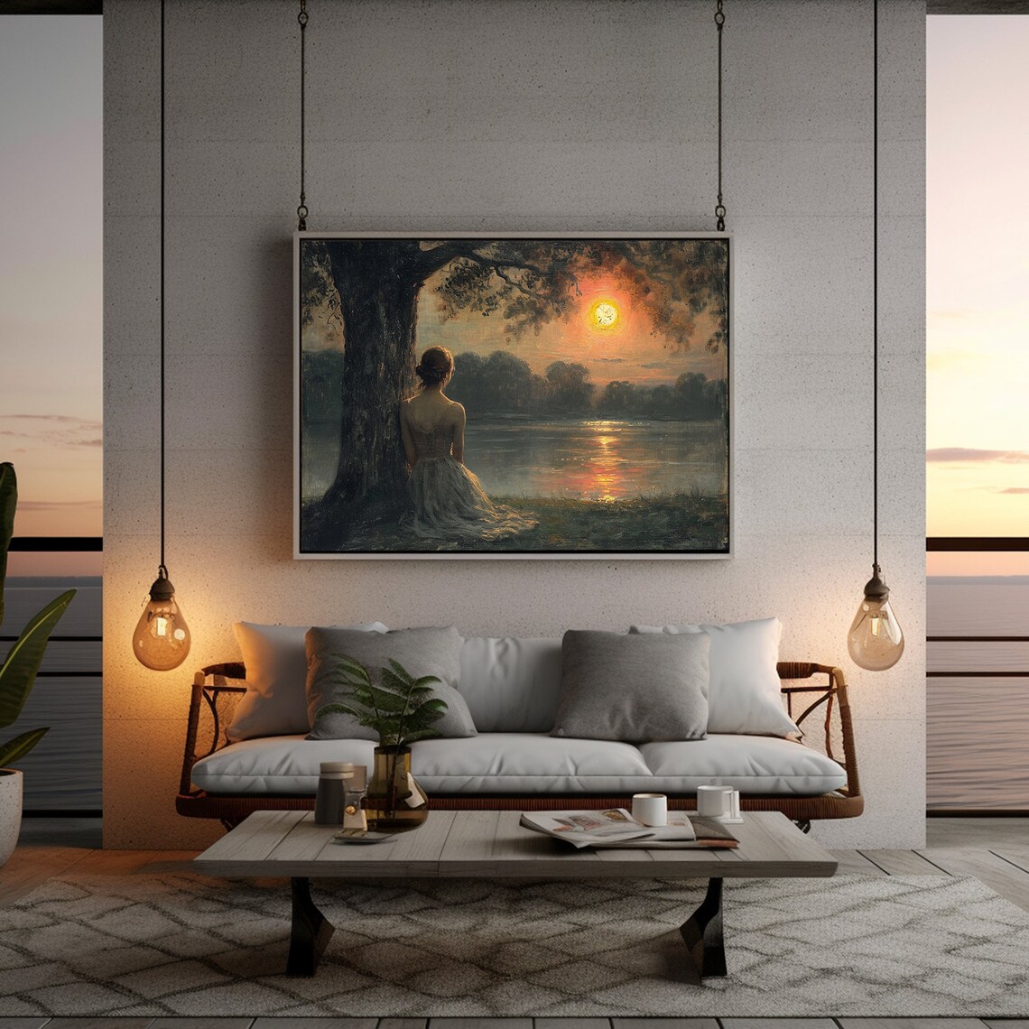 Woman By Lake Sunset Antique Painting Moody Romantic Scene Poster - Image 2