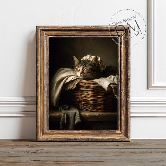 Sleeping Tabby Cat In Wicker Basket Soft Cloth Dark Painting Poster
