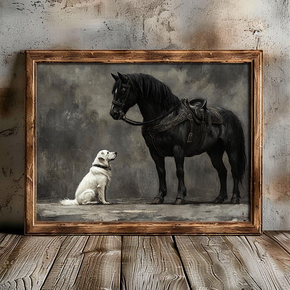 Black Horse And White Dog Vintage Dark Moody Animal Wall Art - Image 4