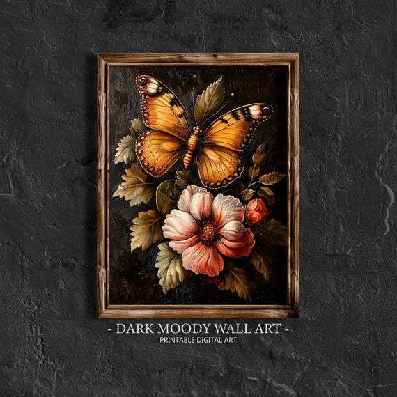 Vintage Floral Butterfly Prints Botanical Dark Cottagecore Wall Art Moody Dark Academia Home Decor Farmhouse Lacquer Painting