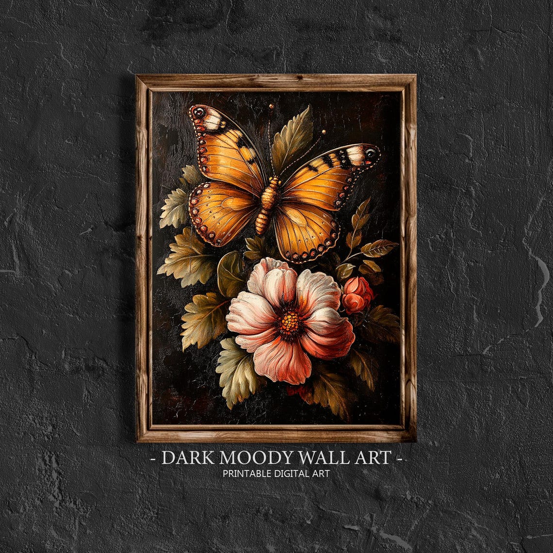Orange Butterfly Pink Flower Dark Botanical Vintage Cottagecore Poster