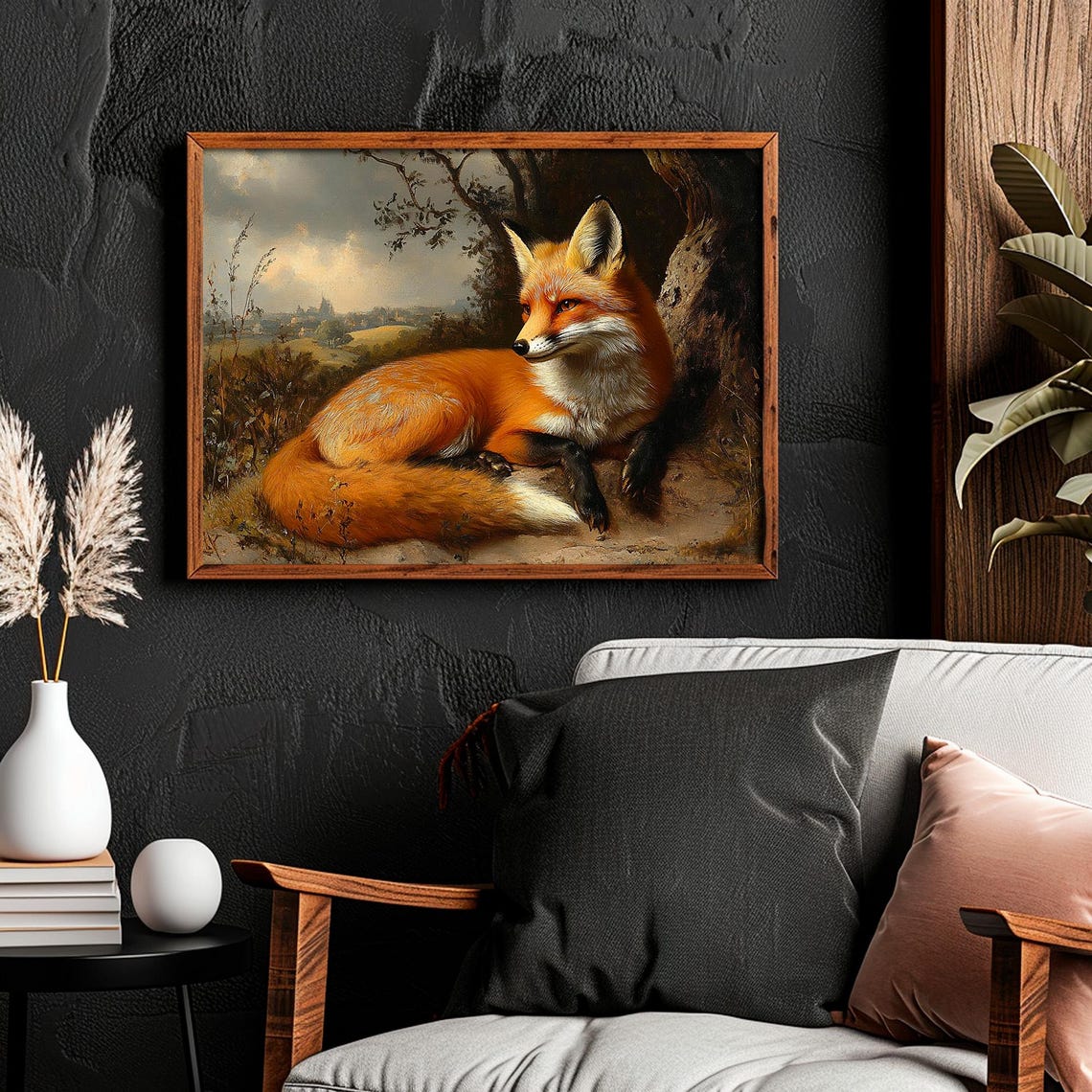 Red Fox Resting Beside Tree Vintage Wildlife Portrait Painting Poster - Image 2