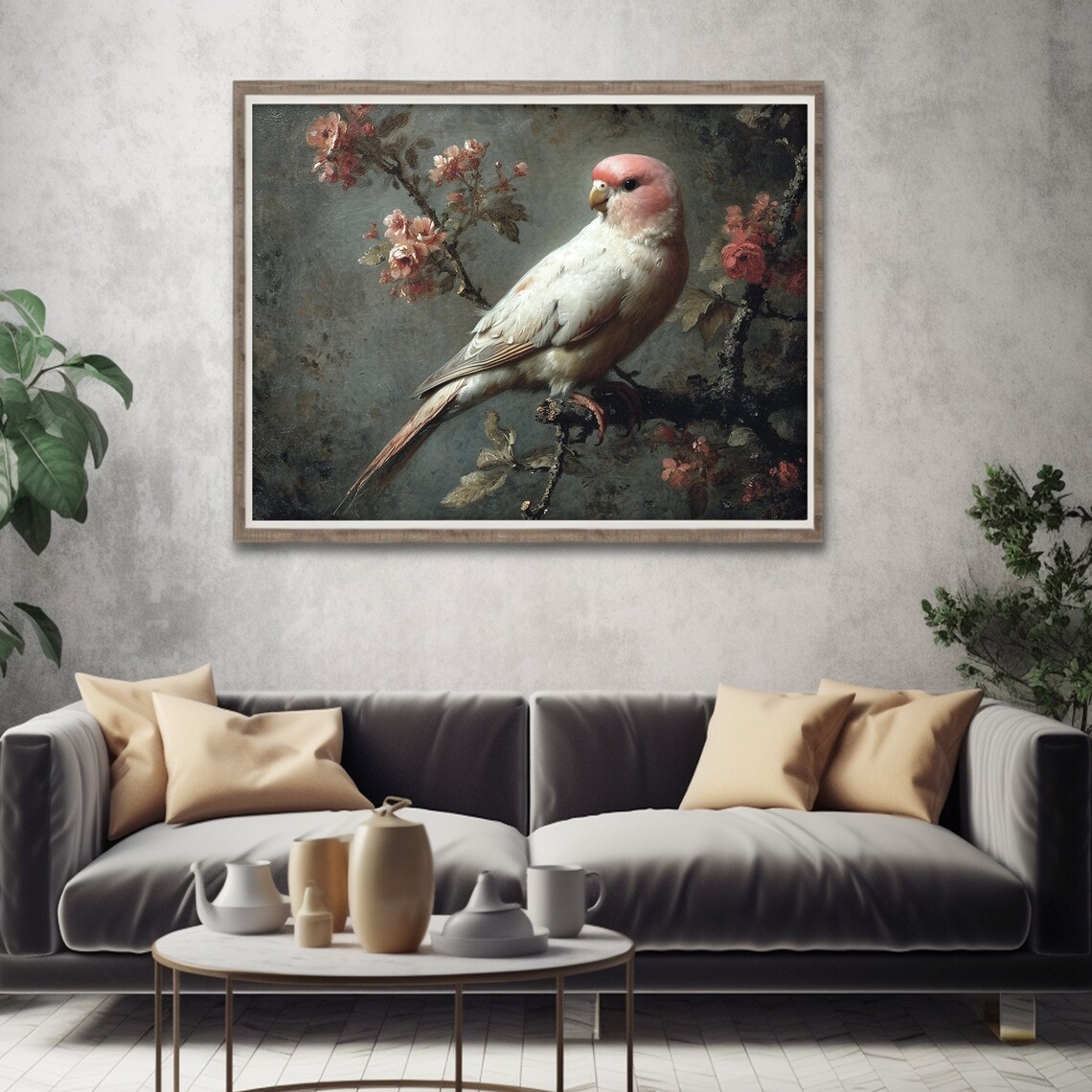 Pink Parrot Blossom Branch Antique Bird Painting Moody Art Poster - Image 5