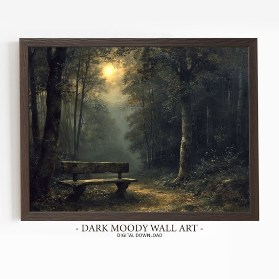 Dark Foggy Forest Prints Moody Landscape Painting Dark Cottagecore Art Rustic Wall Decor