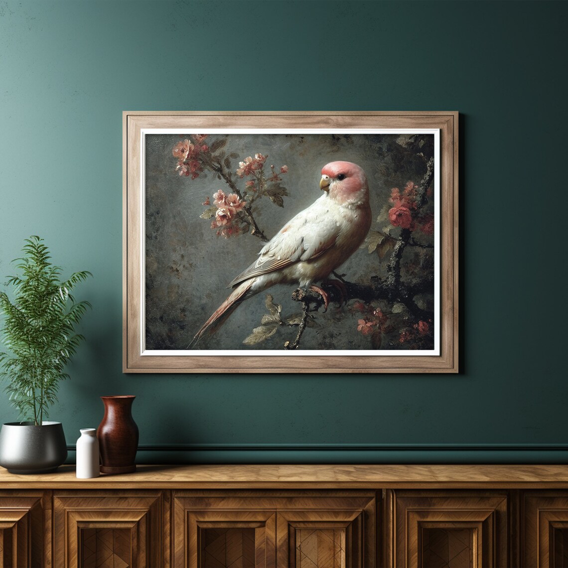 Pink Parrot Blossom Branch Antique Bird Painting Moody Art Poster - Image 6