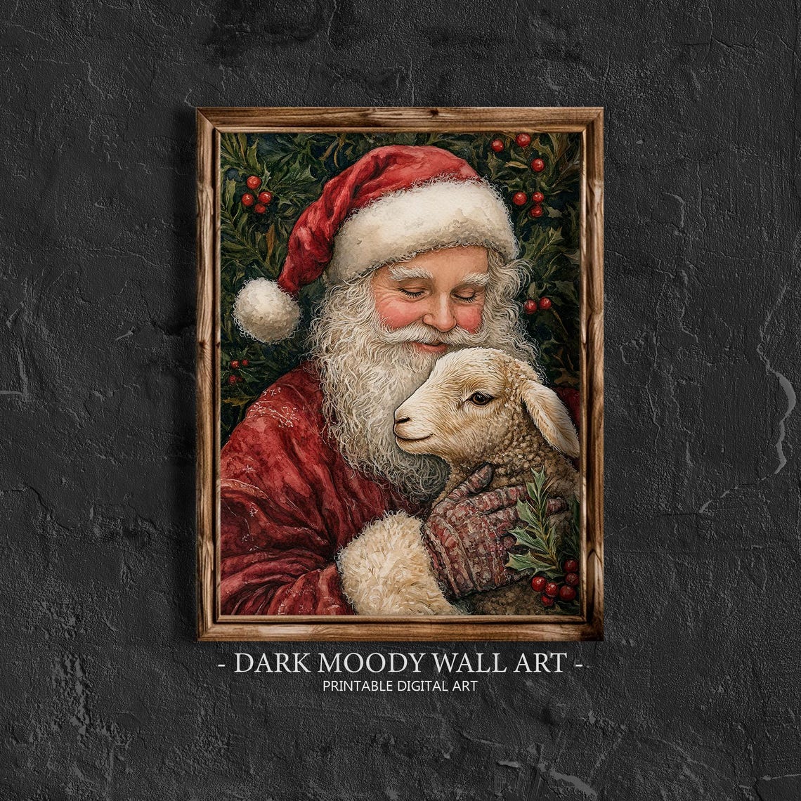 Santa Claus Holding a Lamb Holly Berries Gentle Christmas Art Poster
