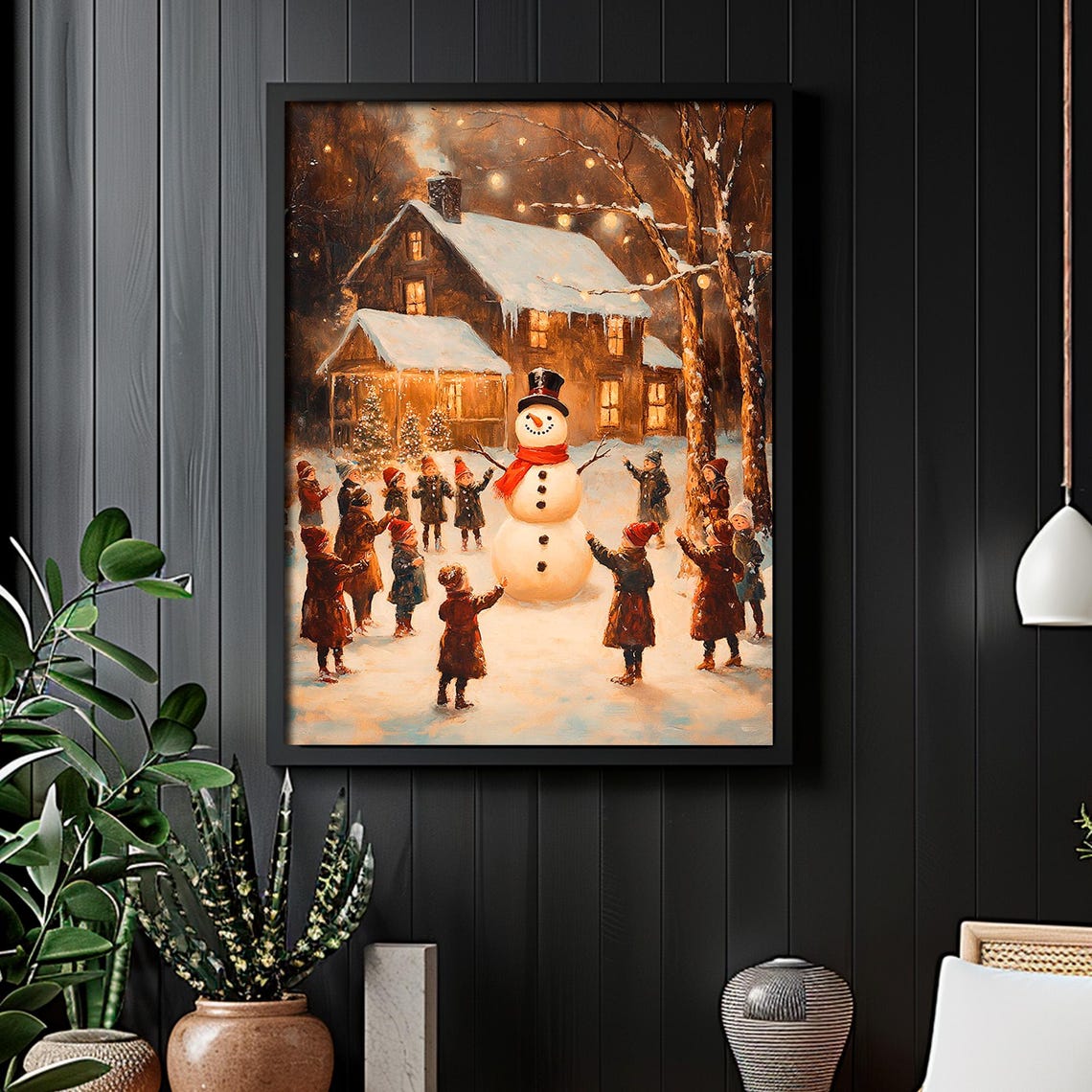 Children Dancing Around Snowman Cabin Night Christmas Poster - Image 2