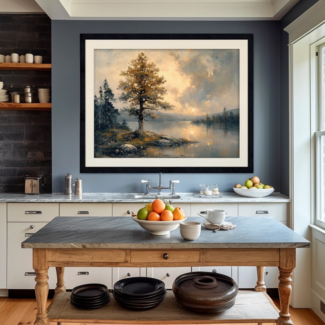 Lone Golden Tree Lake Sunset Rocks Moody Nature Landscape Poster - Image 2