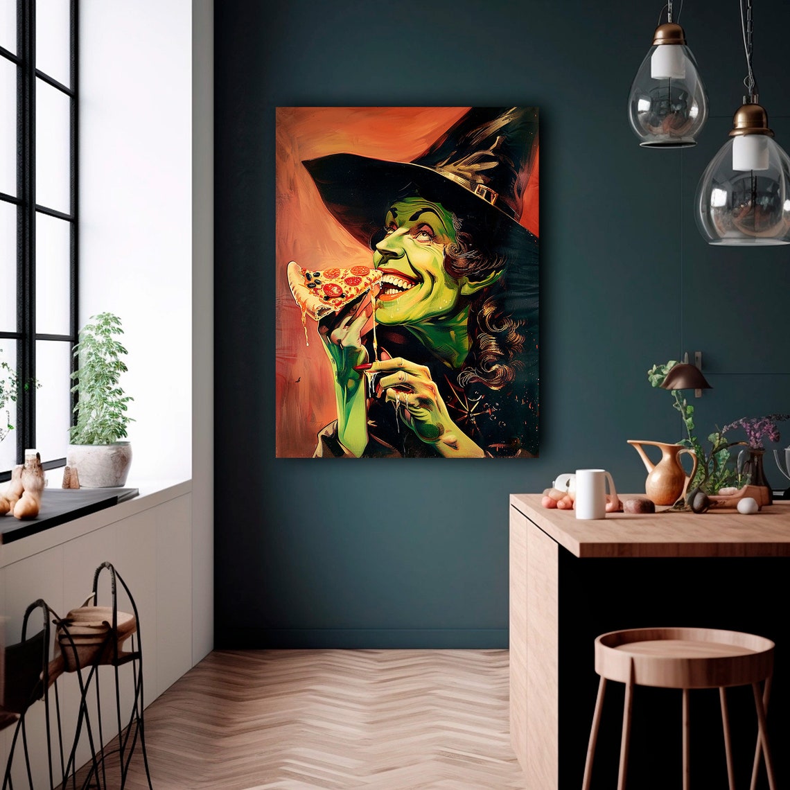 Green Witch Eating Pizza Slice Funny Retro Halloween Art Poster - Image 2