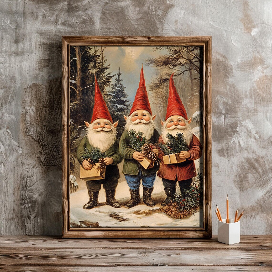 Christmas Gnomes Snowy Forest Trio Vintage Winter Painting Poster - Image 5