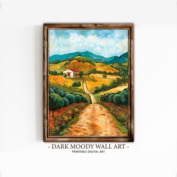 Golden Farm Valley Farmhouse Orchard Autumn Landscape Art Print