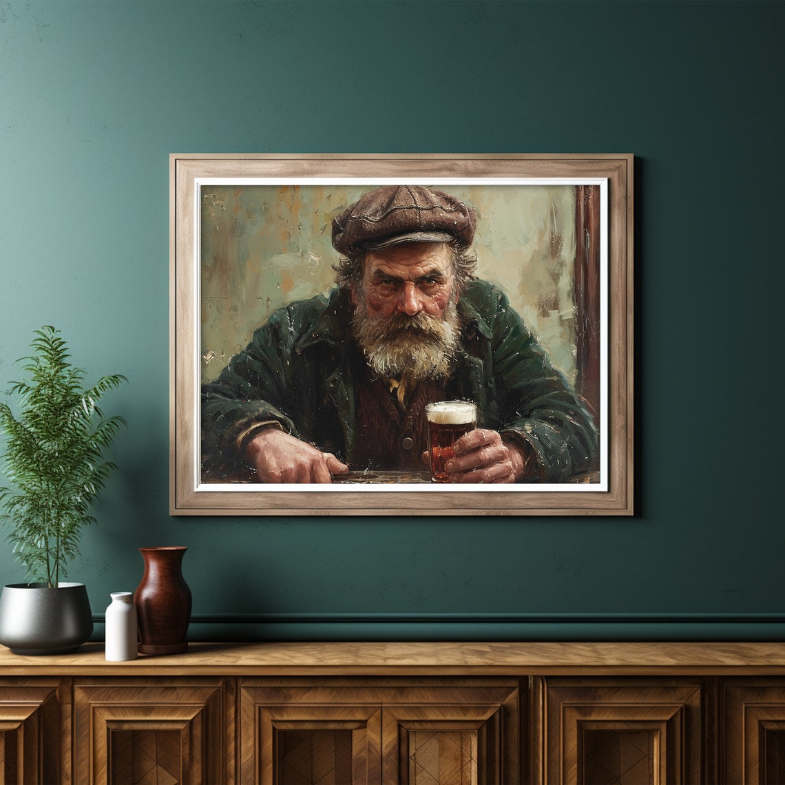 Old Man Portrait With Beer Glass Rustic Dark Moody Painting Poster - Image 6