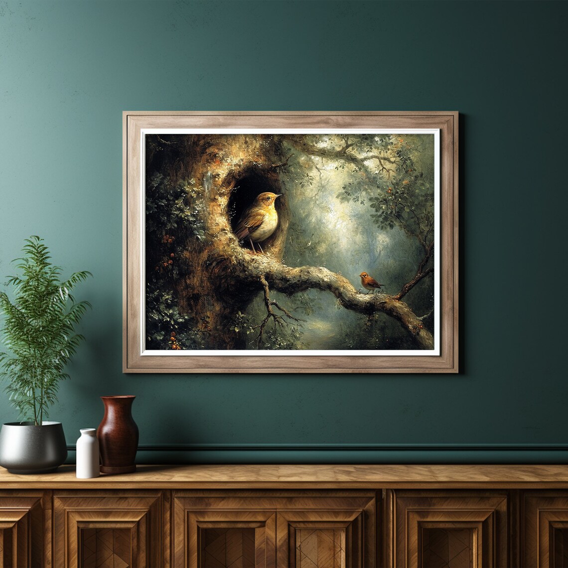 Rustic Bird On Tree Hollow Antique Forest Print - Image 6