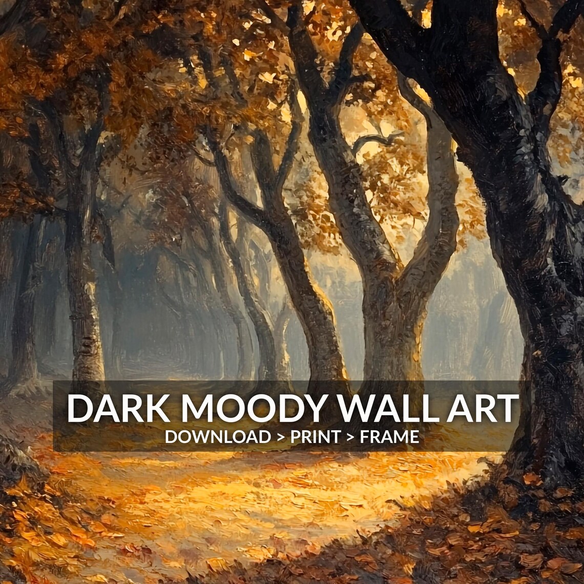 Misty Ancient Oak Forest Golden Light Moody Woodland Path Painting Poster - Image 3
