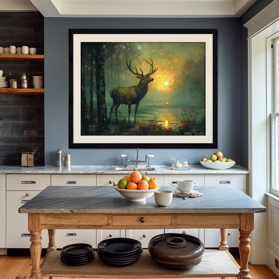 Stag With Antlers Foggy Forest Sunrise Dark Moody Painting Poster - Image 4