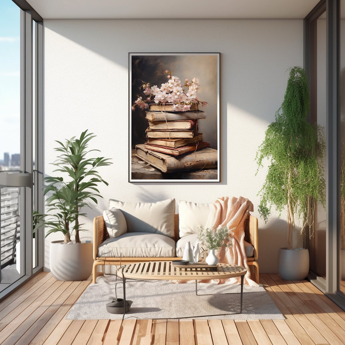 Antique Books Stack White Blossoms Vintage Library Decor Poster - Image 3