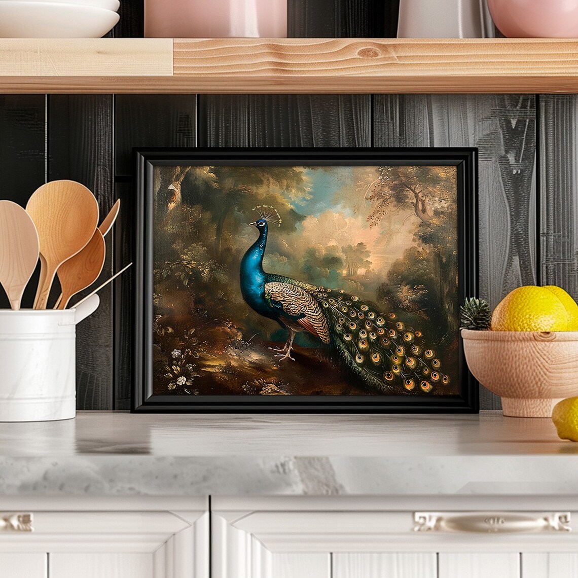 Antique Peacock Print, Moody Rustic Farmhouse Decor - Image 2