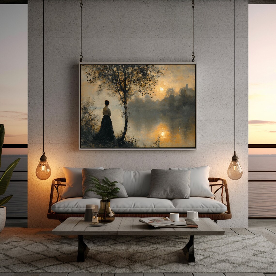 Woman in Long Dress by Lake at Golden Sunset Romantic Fall Painting Poster - Image 2
