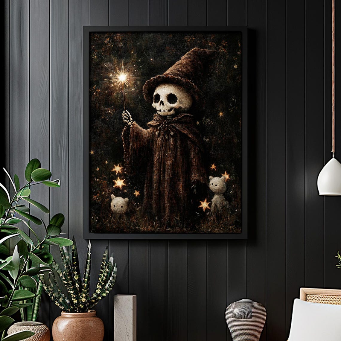Skeleton Wizard Holding Sparkler Tiny Ghosts Cute Halloween Art Poster - Image 4