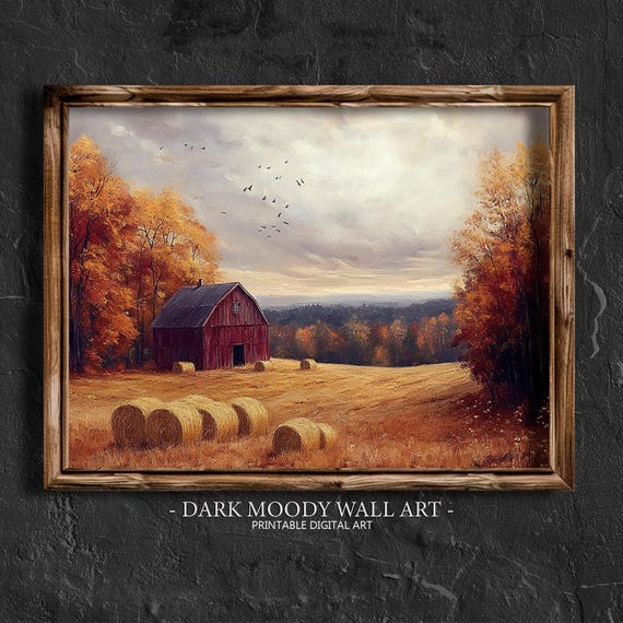 Red Barn Farm Wall Art Fall Landscape Painting Country Wall Decor Moody Cottagecore Print Rustic Farmhouse Wall Decor