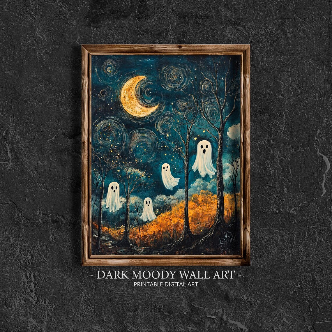 Cute Ghosts in Autumn Forest Under Crescent Moon Whimsical Halloween Poster