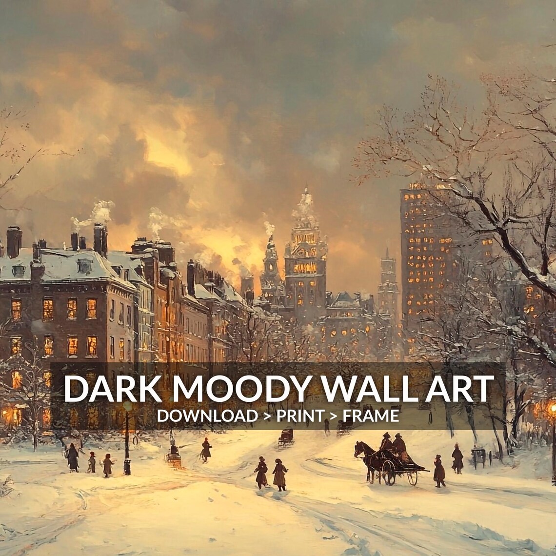 Victorian Snowy Avenue Townhouses Dusk Carriage Ride View Poster - Image 6