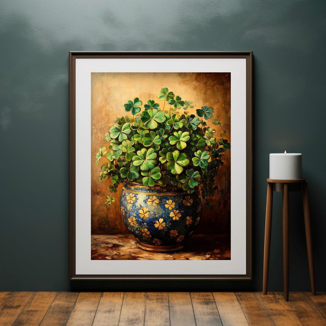 Shamrock Plant In Blue Patterned Vase Vintage Irish Botanical Wall Art - Image 4