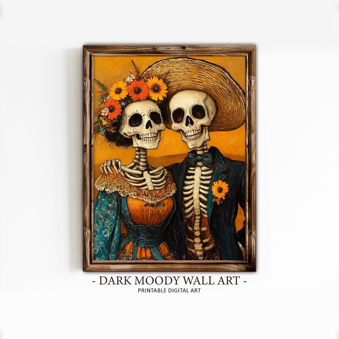 Day of the Dead Skeleton Couple Catrina Love Golden Sugar Skull Portrait Poster - Image 6