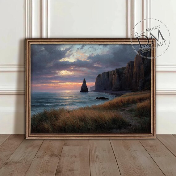Normandy Cliffs Sunset Seascape French Coastal Oil Painting Poster