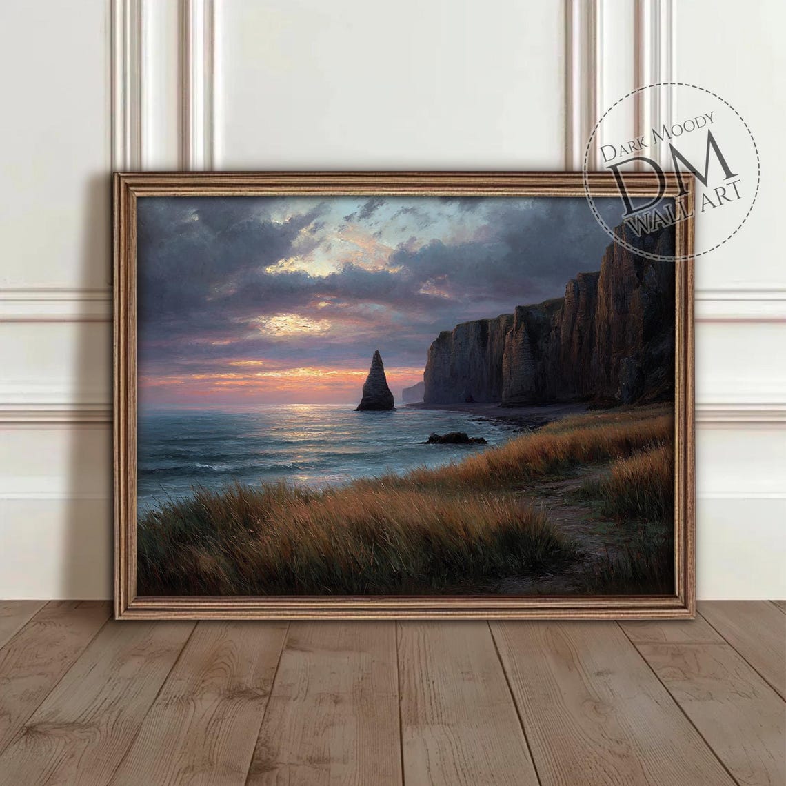 Normandy Cliffs Sunset Seascape French Coastal Oil Painting Poster