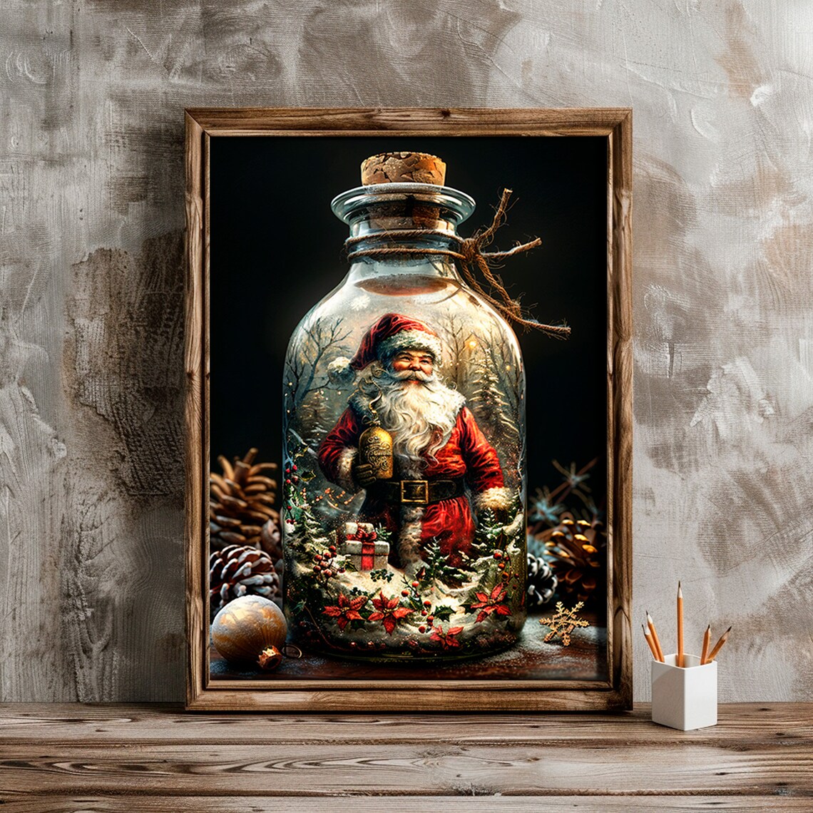 Vintage Santa Claus In Glass Bottle Snow Scene Holiday Art Poster - Image 4
