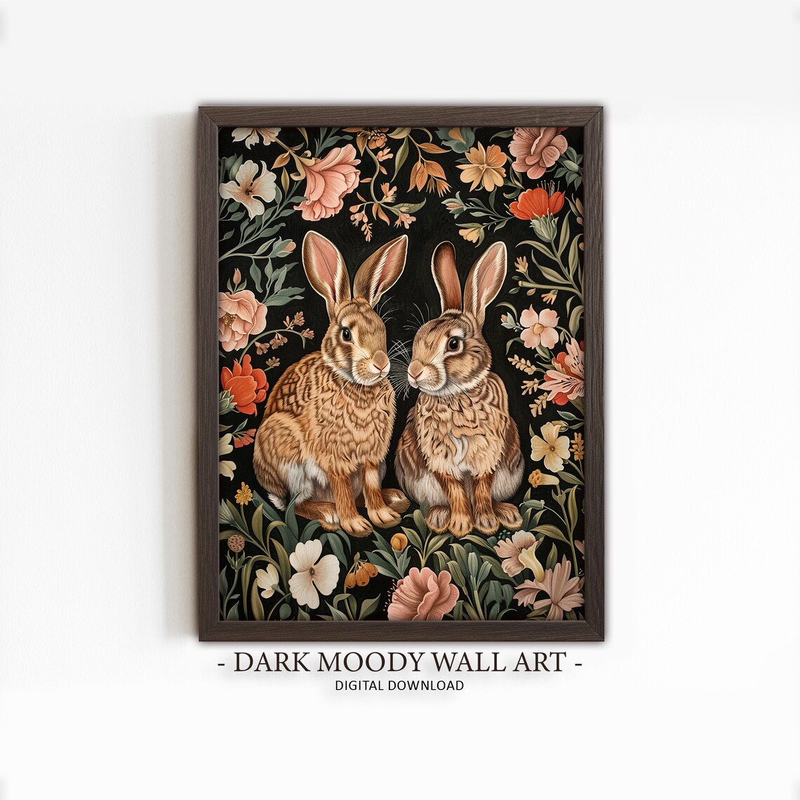 Two Bunny Rabbits Floral Vintage Style Dark Garden Painting Poster