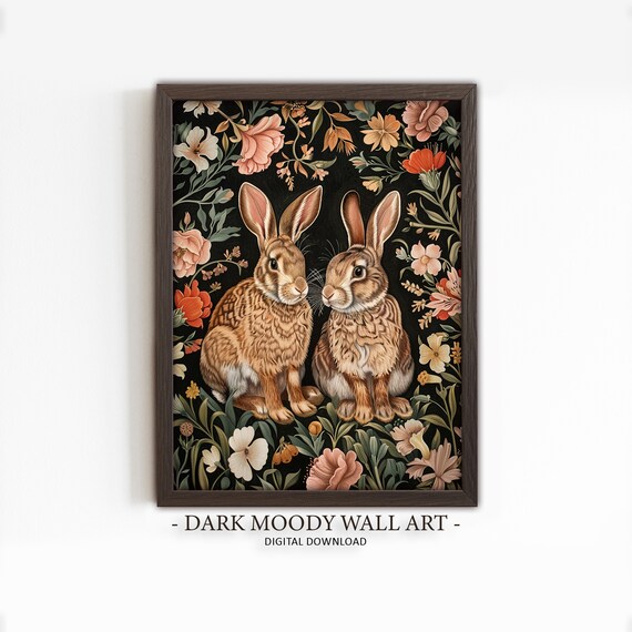 Two Bunny Rabbits Floral Vintage Style Dark Garden Painting Poster