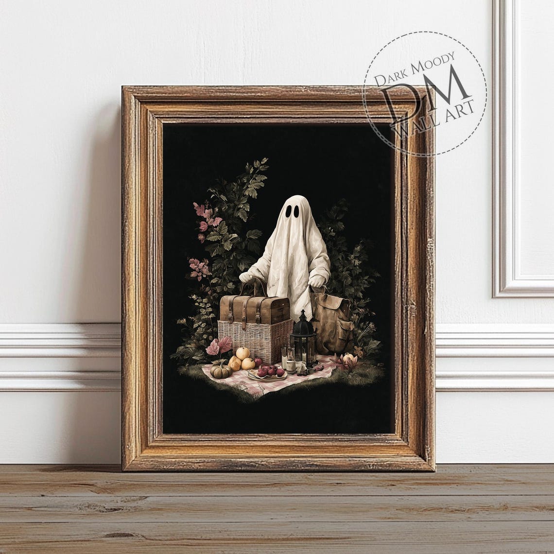 Ghost Picnic With Basket Pumpkins And Lantern Dark Halloween Wall Art