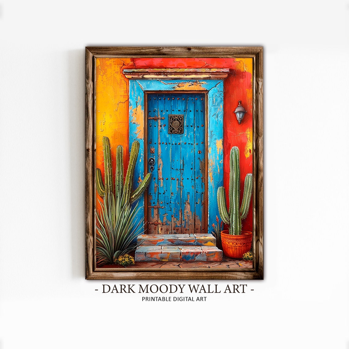 Blue Wooden Door Orange Wall Cactus Garden Mexican Art Print