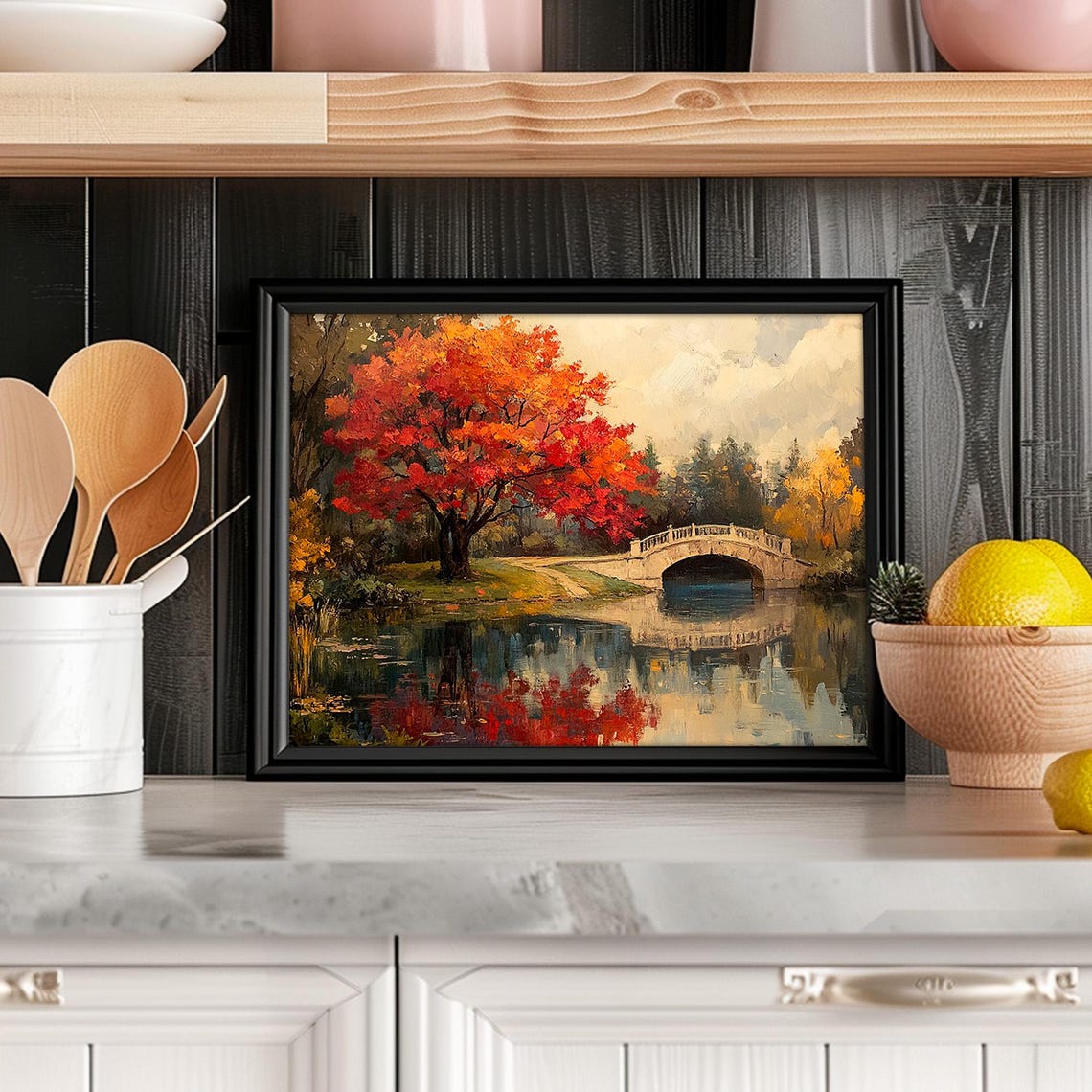 Fall Garden Landscape Prints Autumn Pond Bridge Wall Art Moody Autumn Painting - Image 6