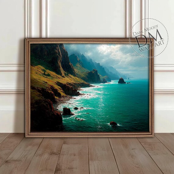Scottish Highlands Rocky Coastline Moody Seascape Oil Art Print