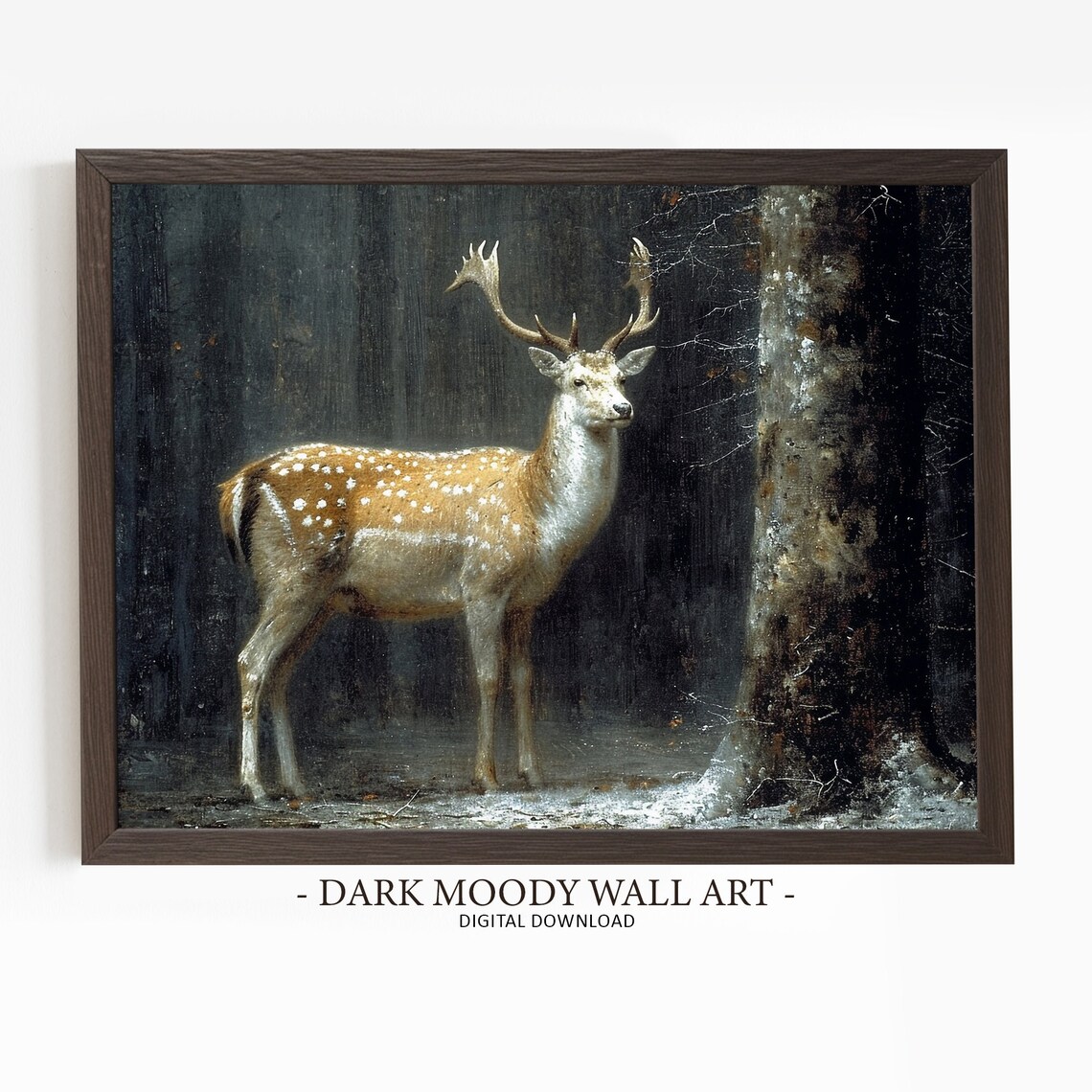 Fallow Deer Stag With Antlers in Dark Winter Forest Moody Wildlife Painting Poster