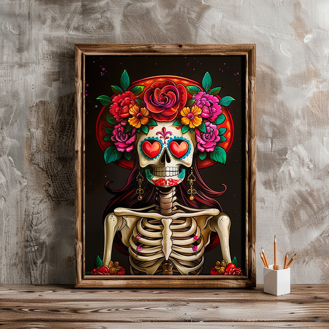 Day Of The Dead Catrina Skeleton Heart Eyes Flower Crown Art Print - Image 4