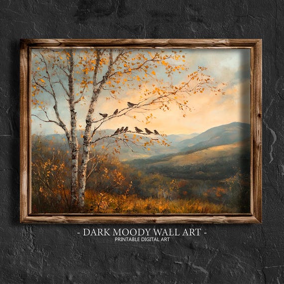Sparrow Birds On Tree Fall Prints Moody Autumn Mountain Landscape Painting Vintage Moody Fall Wall Art