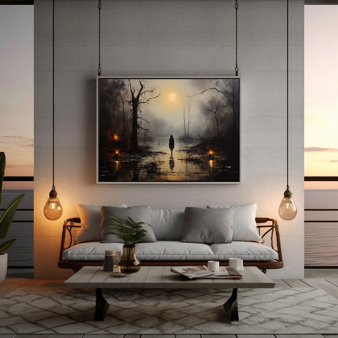 Lone Figure in a Moonlit Swamp Mist Dark Moody Landscape Art Poster - Image 5