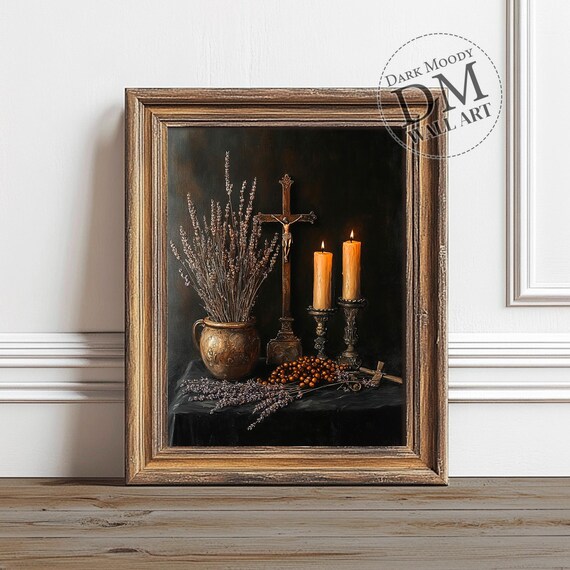 Crucifix Candles Rosary Lavender Catholic Still Life Art Poster
