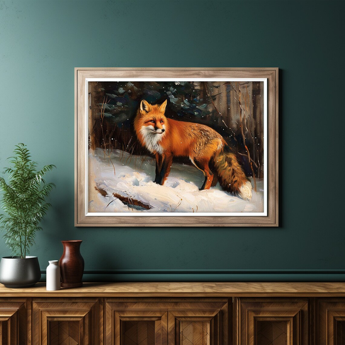 Red Fox Standing In Snow Winter Forest Wildlife Oil Painting Poster - Image 6