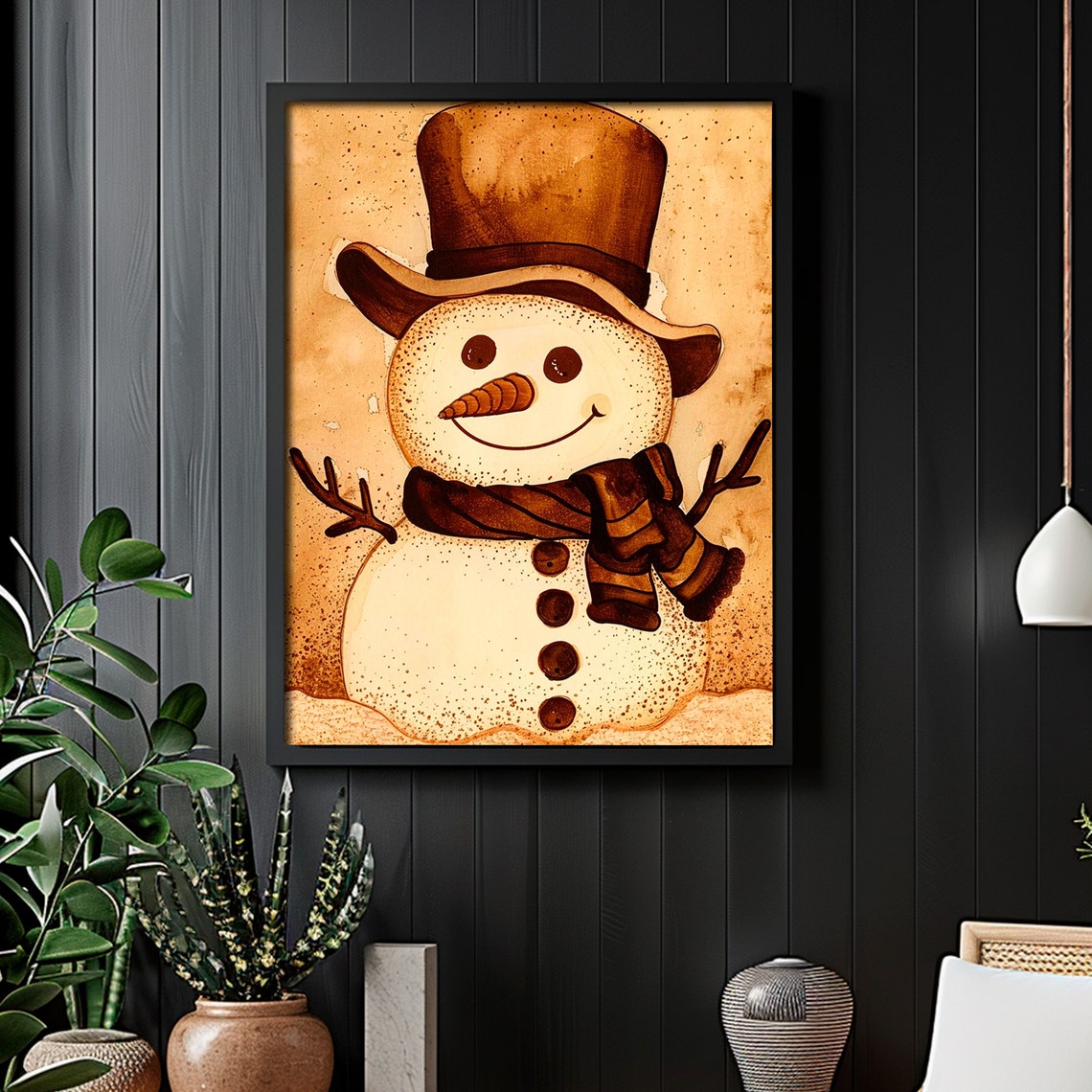 Snowman Top Hat Scarf Warm Sepia Vintage Christmas Painting Poster - Image 5