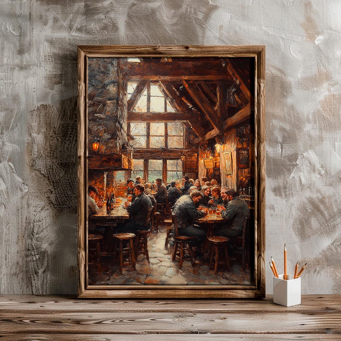 Rustic Tavern Interior With Patrons by Stone Fireplace Wall Art - Image 6