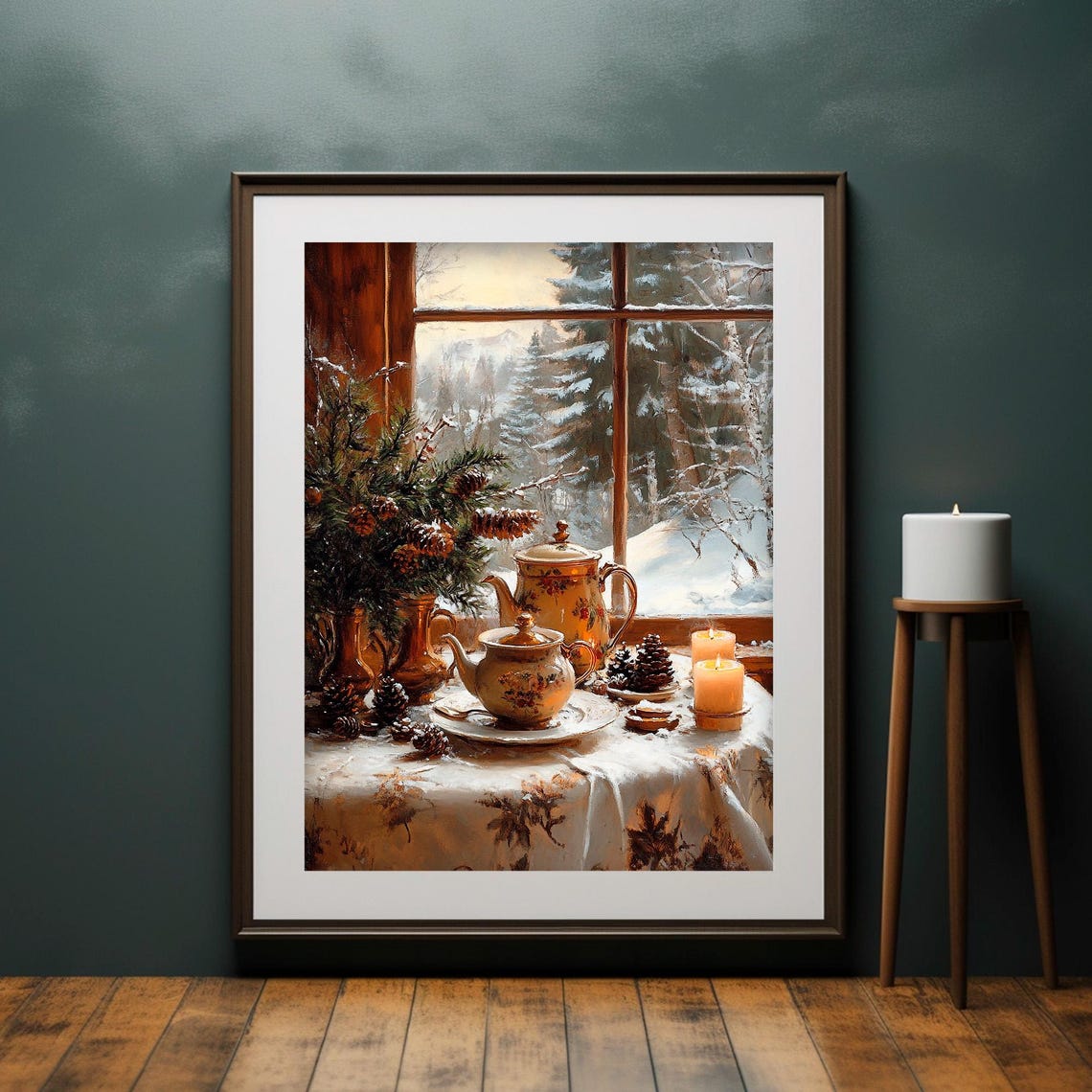 Cozy Winter Tea Set Window Sill Pinecones Candles Still Life Poster - Image 2