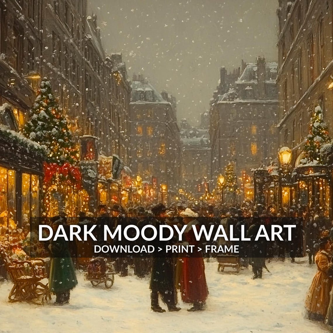 Victorian Holiday Street Glowing Shops Snowy Evening Scene Poster - Image 6