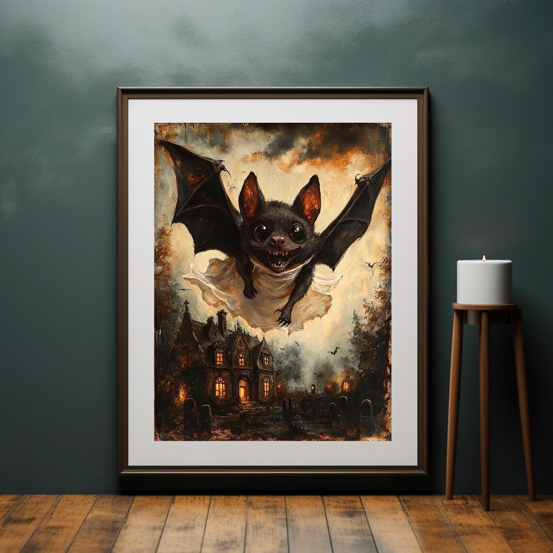 Cute Bat Flying Over a Haunted House Dark Moody Halloween Oil Painting Poster - Image 4